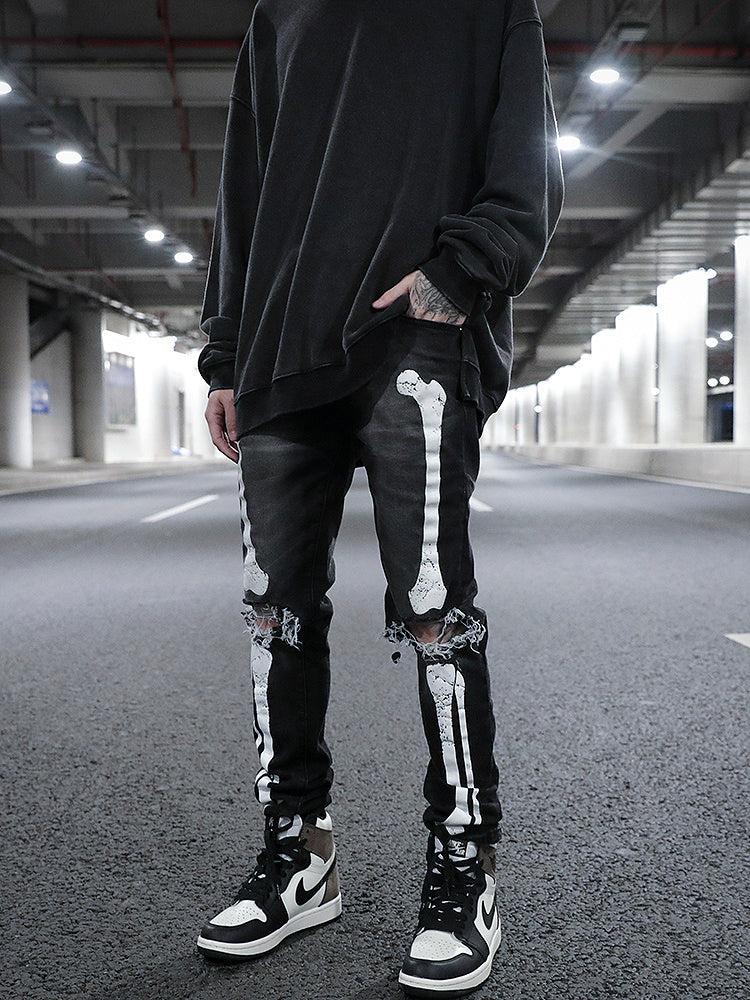 Skull Print Ripped Slim-Fit Jeans