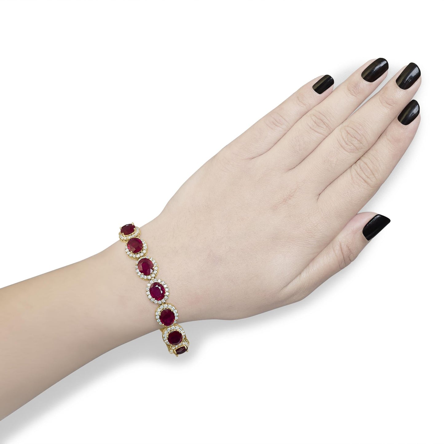 24K Yellow Gold 34.0 Red Ruby Halo Link Bracelet (SI1-SI2 Clarity) - 7.25"
