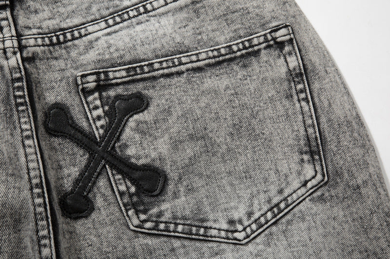 Cross Bone Patch Washed Wide-Fit Flared Jeans