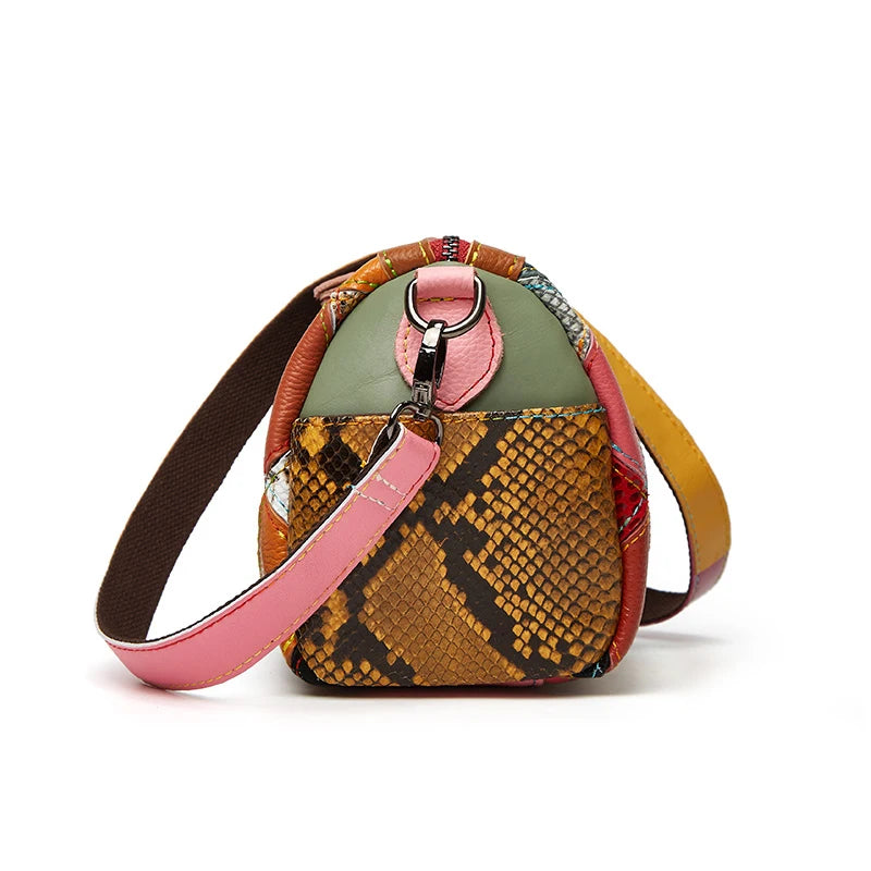 Trendy Genuine Leather Contrast Color Messenger Boston Bag Women Retro Shoulder Pillow Bag New Ladies Handbags