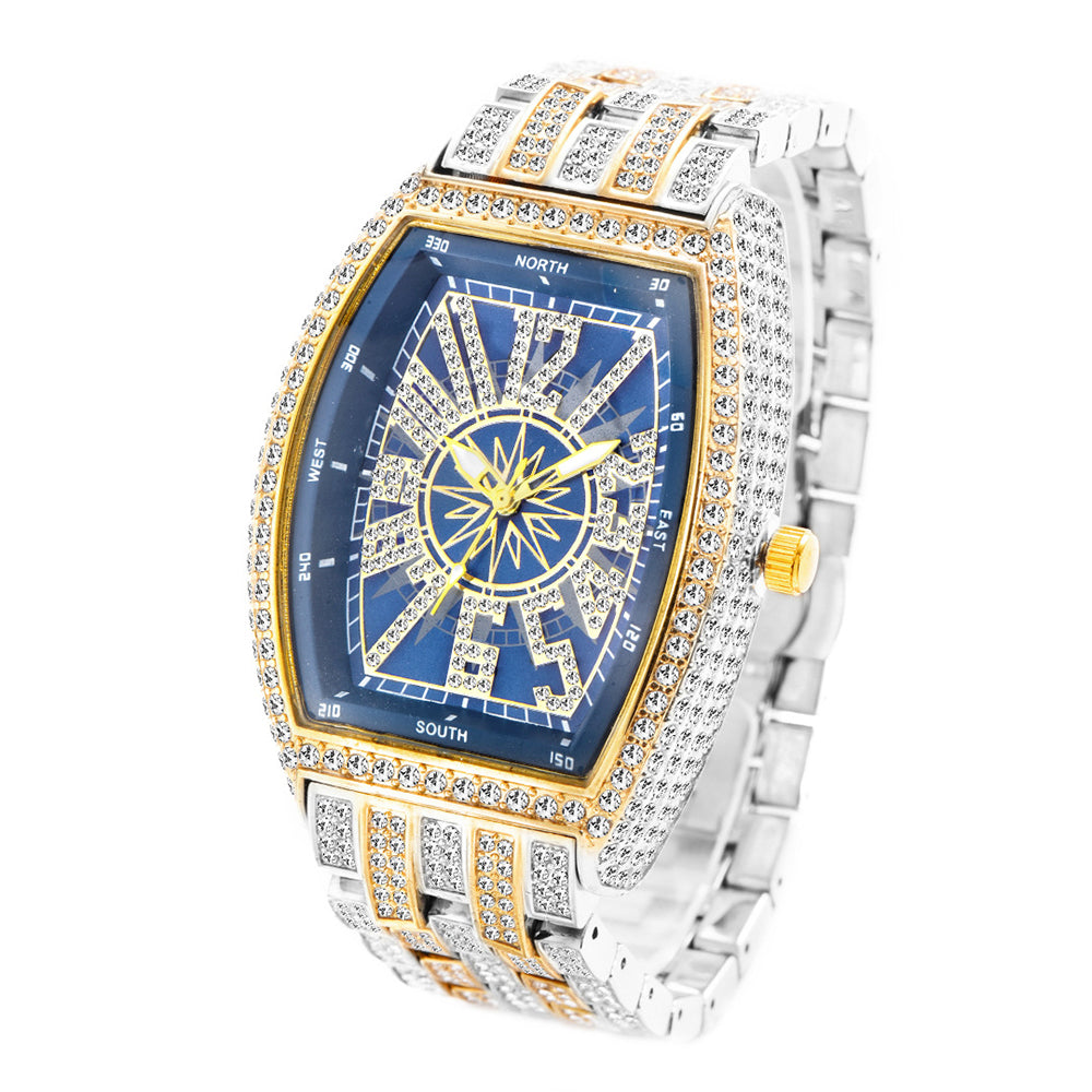 Iced Out Tonneau Case Shape Classic Wrist Watch Full Bling CZ Diamond Quartz Stylish Watch