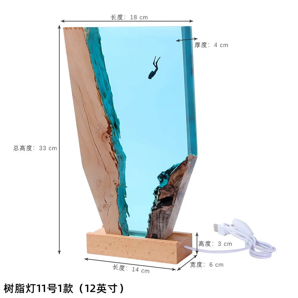 Resin Ocean w Diver Wood Marine Lamp