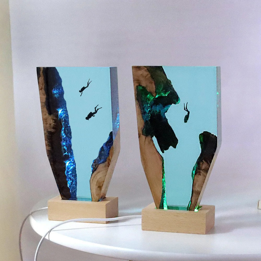 Resin Ocean w Diver Wood Marine Lamp