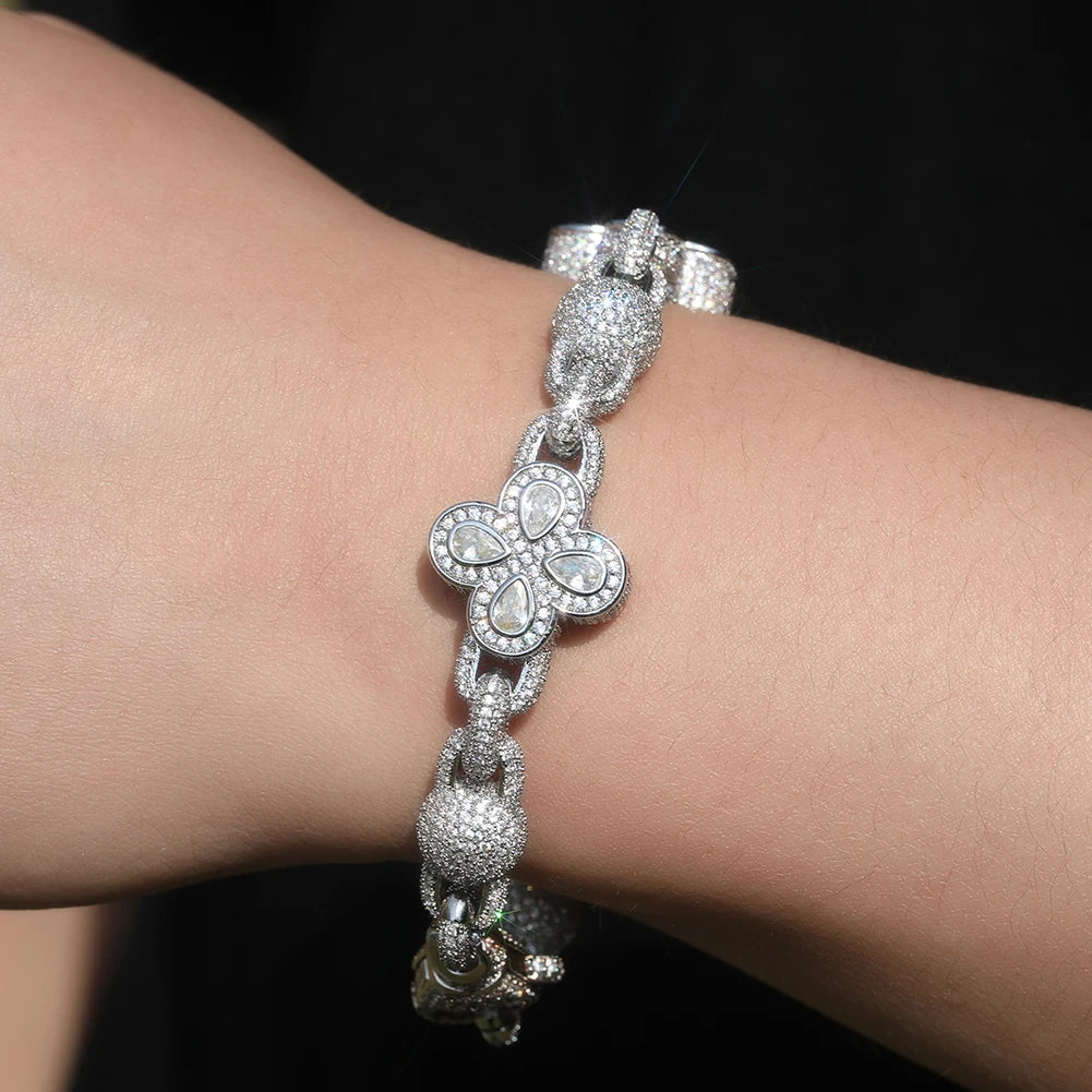 5A Four-Leaf Clover 18K Gold Plated Beaded Link Chain+Bracelet