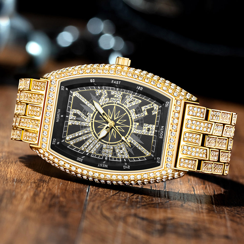 Iced Out Tonneau Case Shape Classic Wrist Watch Full Bling CZ Diamond Quartz Stylish Watch