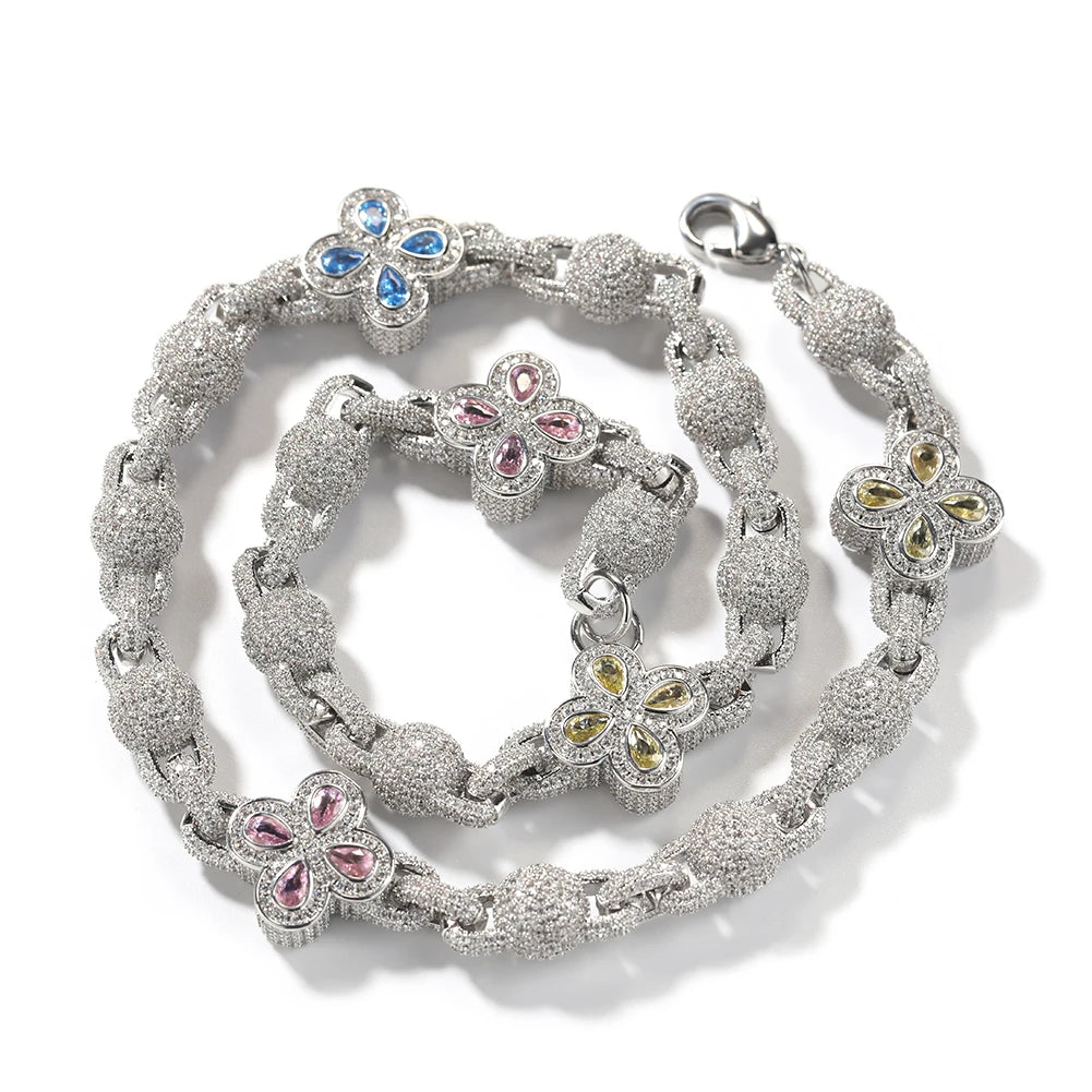5A Four-Leaf Clover 18K Gold Plated Beaded Link Chain+Bracelet