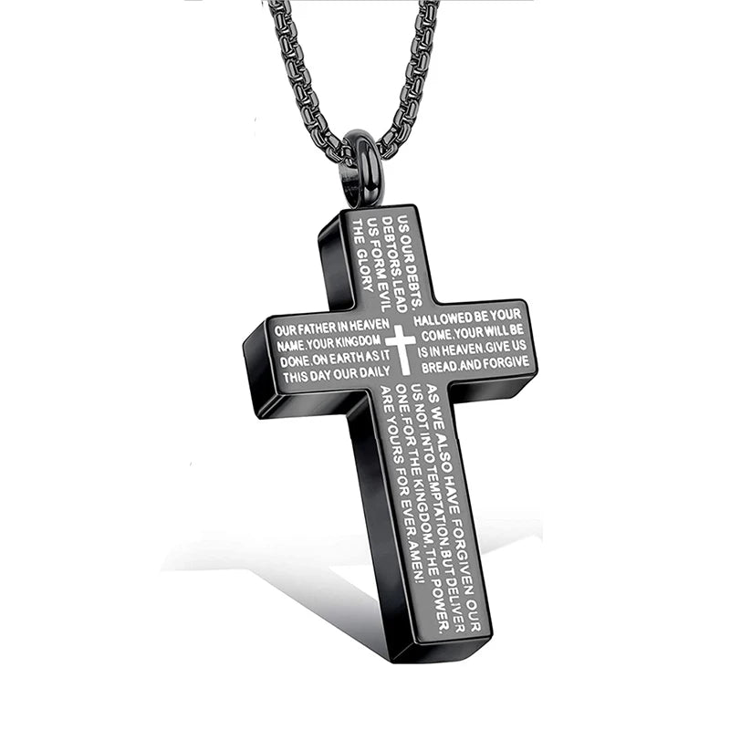 Cross Lords Prayer Pendant Necklace Stainless Steel