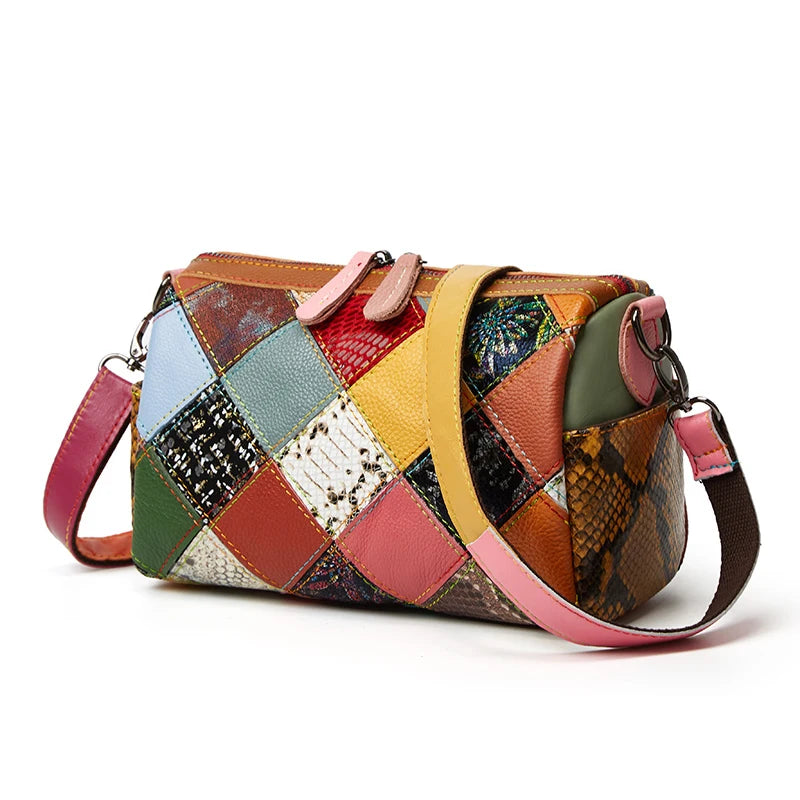 Trendy Genuine Leather Contrast Color Messenger Boston Bag Women Retro Shoulder Pillow Bag New Ladies Handbags