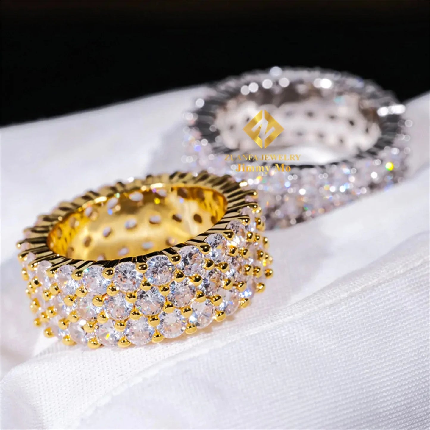 Iced Out 3 Row Band Rings