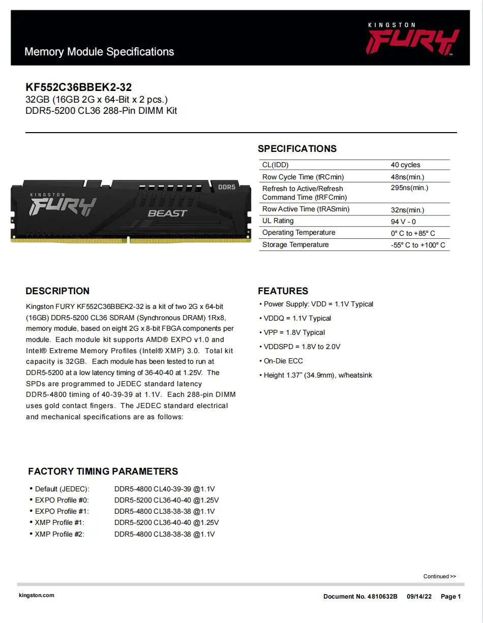 Original Kingston Memory Ram DDR5 FURY Beast RAM 16GB 32GB 5200MHz 5600MHz 6000MHz