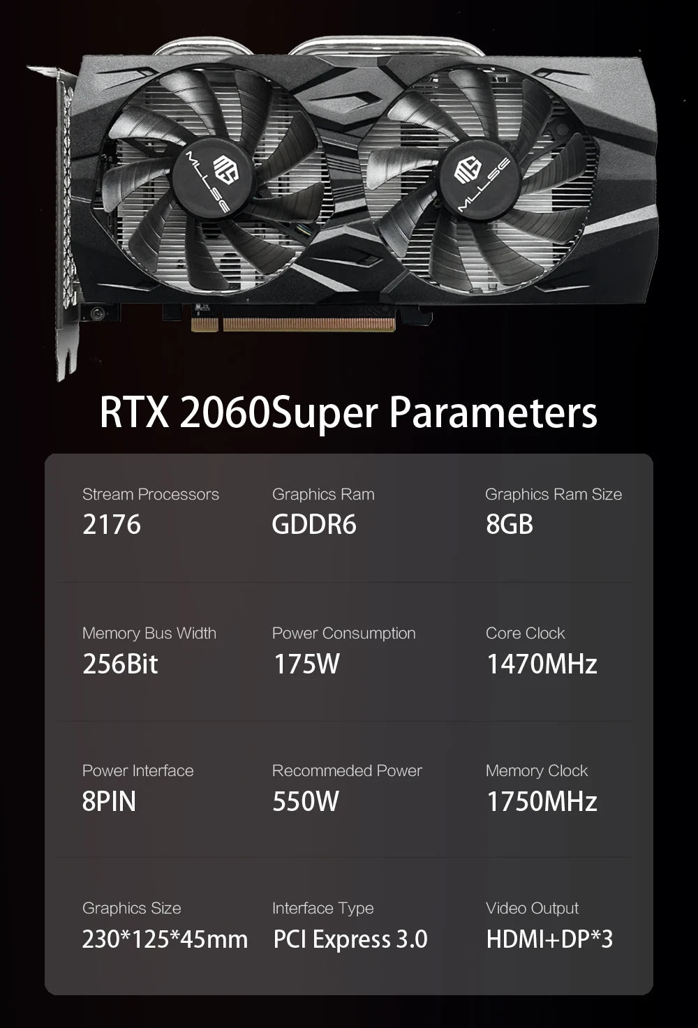 MLLSE RTX 2060 Super 8GB Graphics Card GDDR6 256Bit 8Pin