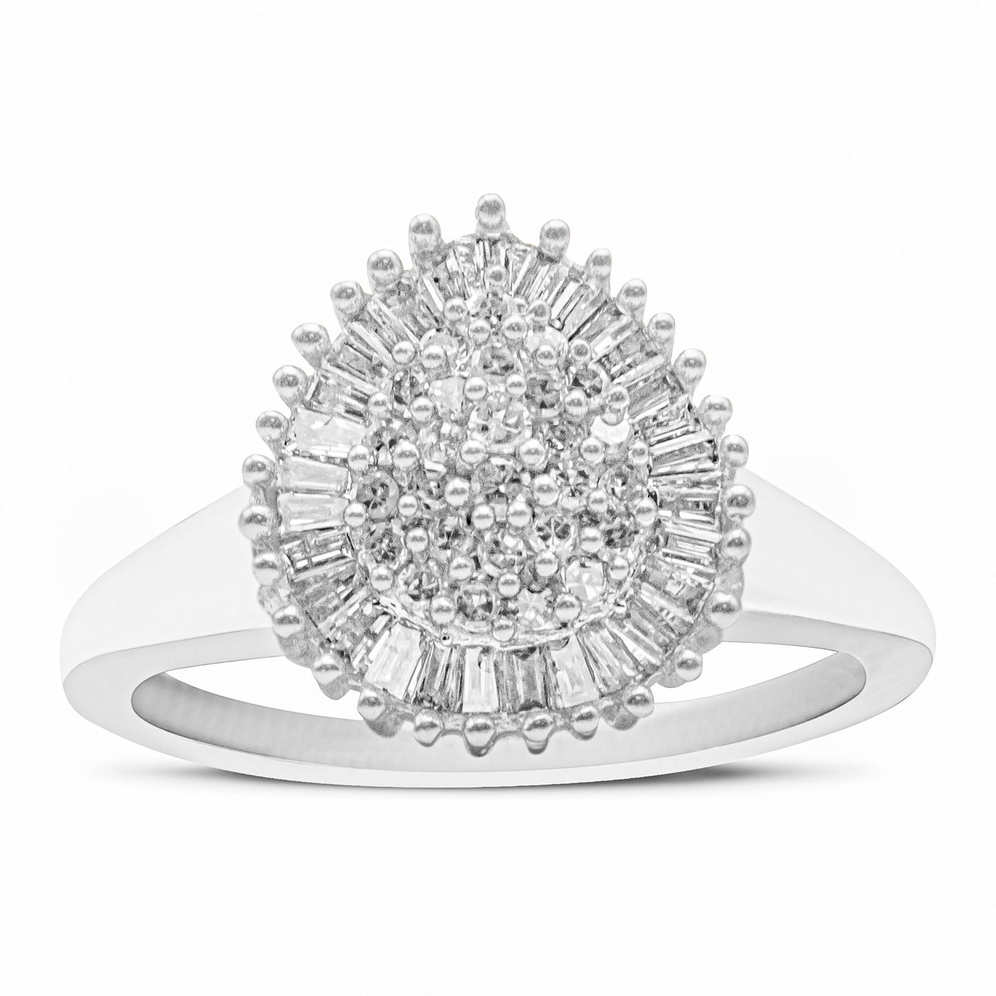 Round & Baguette Cut Diamond Pear Domed Pavé Cluster Cocktail Ring