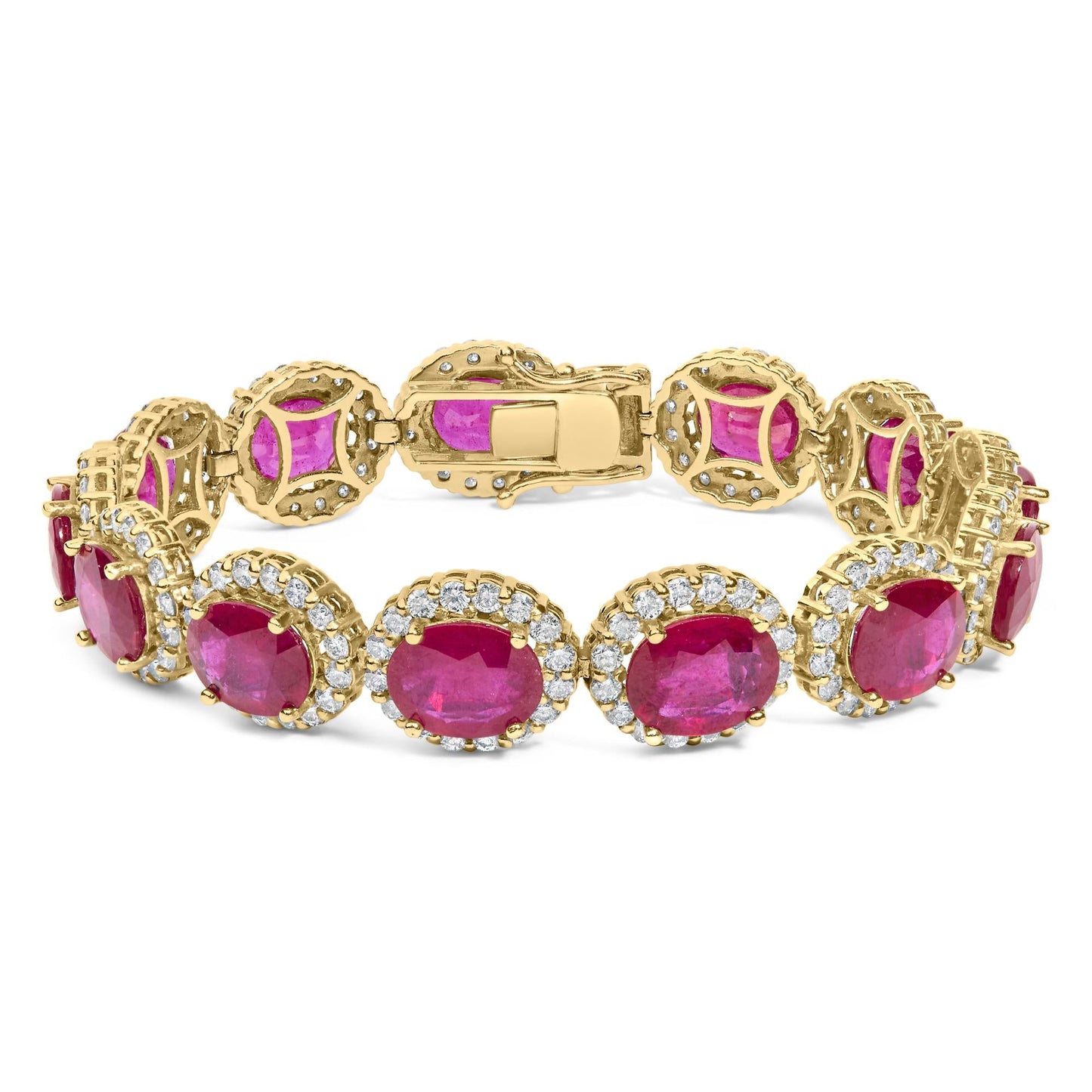 24K Yellow Gold 34.0 Red Ruby Halo Link Bracelet (SI1-SI2 Clarity) - 7.25"