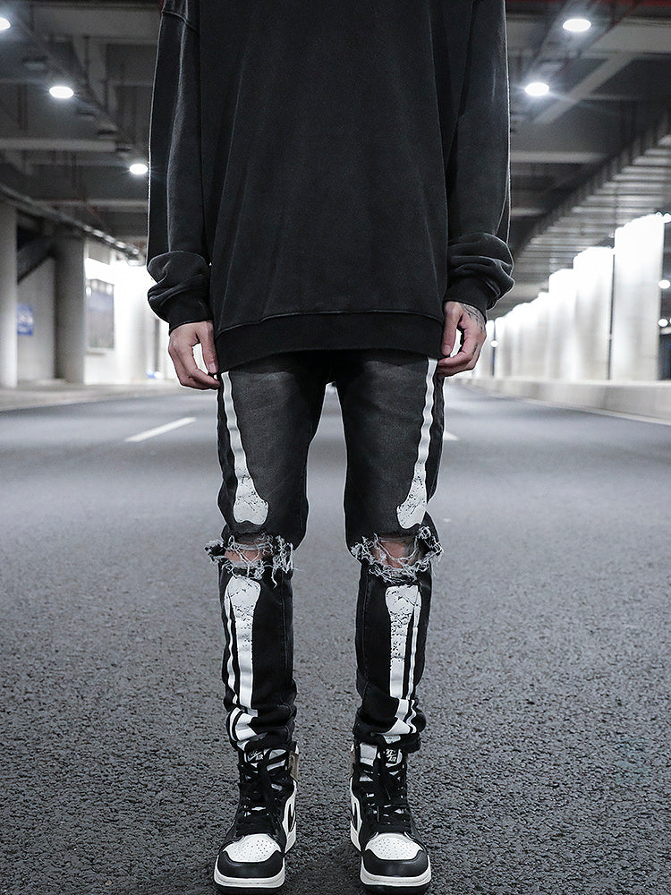 Skull Print Ripped Slim-Fit Jeans