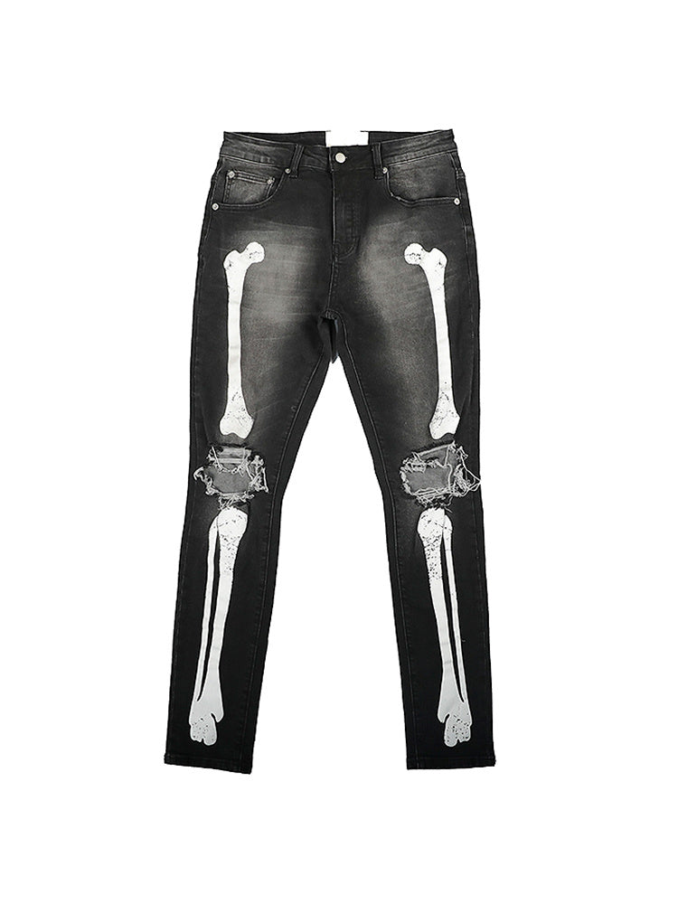 Skull Print Ripped Slim-Fit Jeans