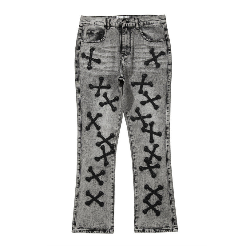 Cross Bone Patch Washed Wide-Fit Flared Jeans