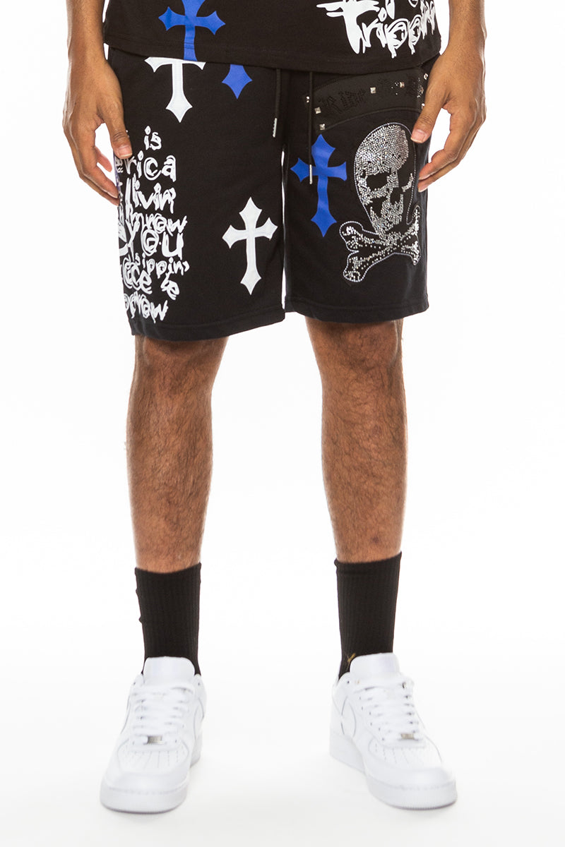Bejewelled Cross & Skull Shorts