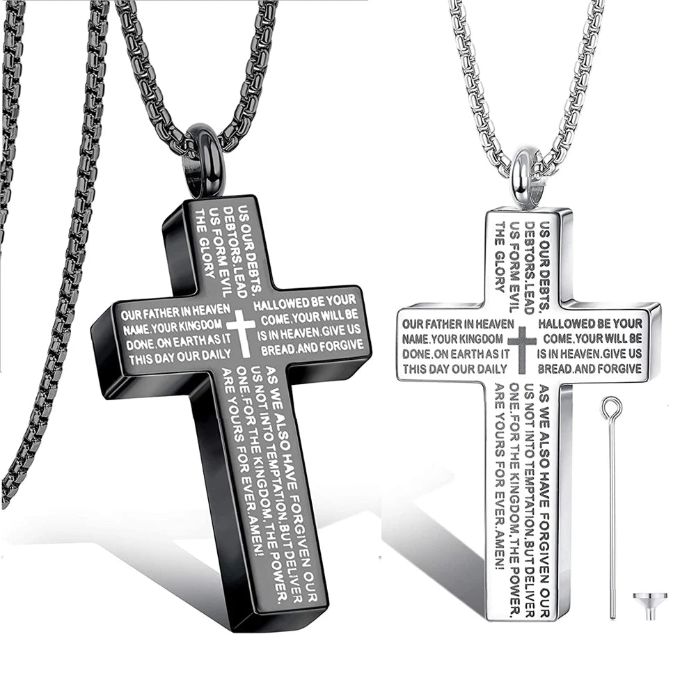 Cross Lords Prayer Pendant Necklace Stainless Steel