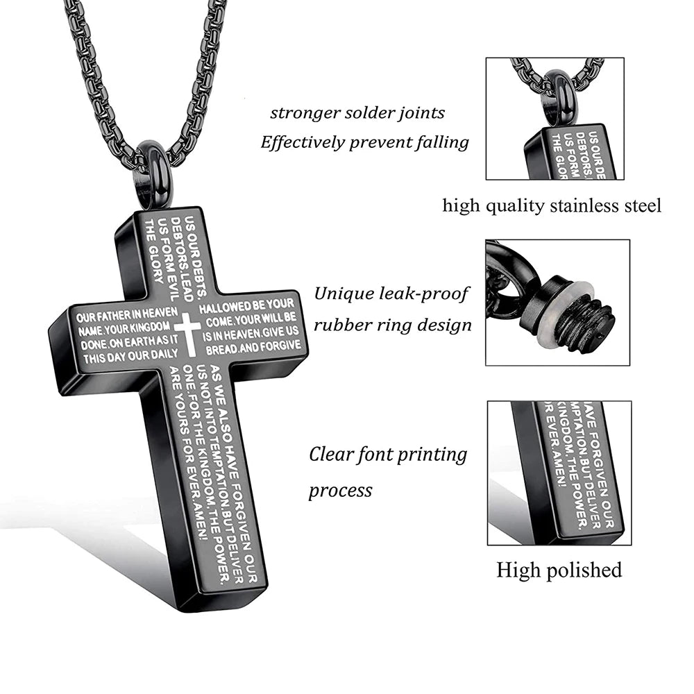 Cross Lords Prayer Pendant Necklace Stainless Steel