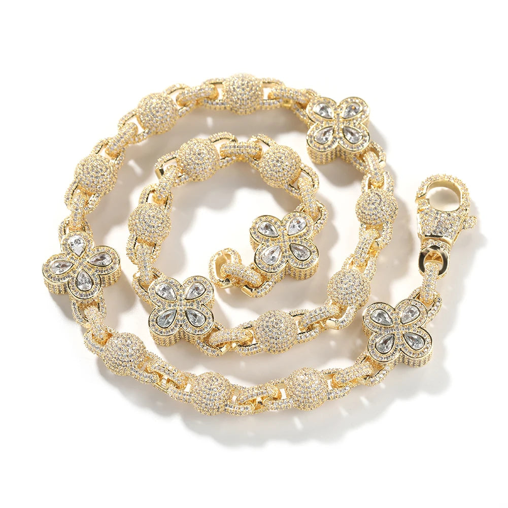 5A Four-Leaf Clover 18K Gold Plated Beaded Link Chain+Bracelet