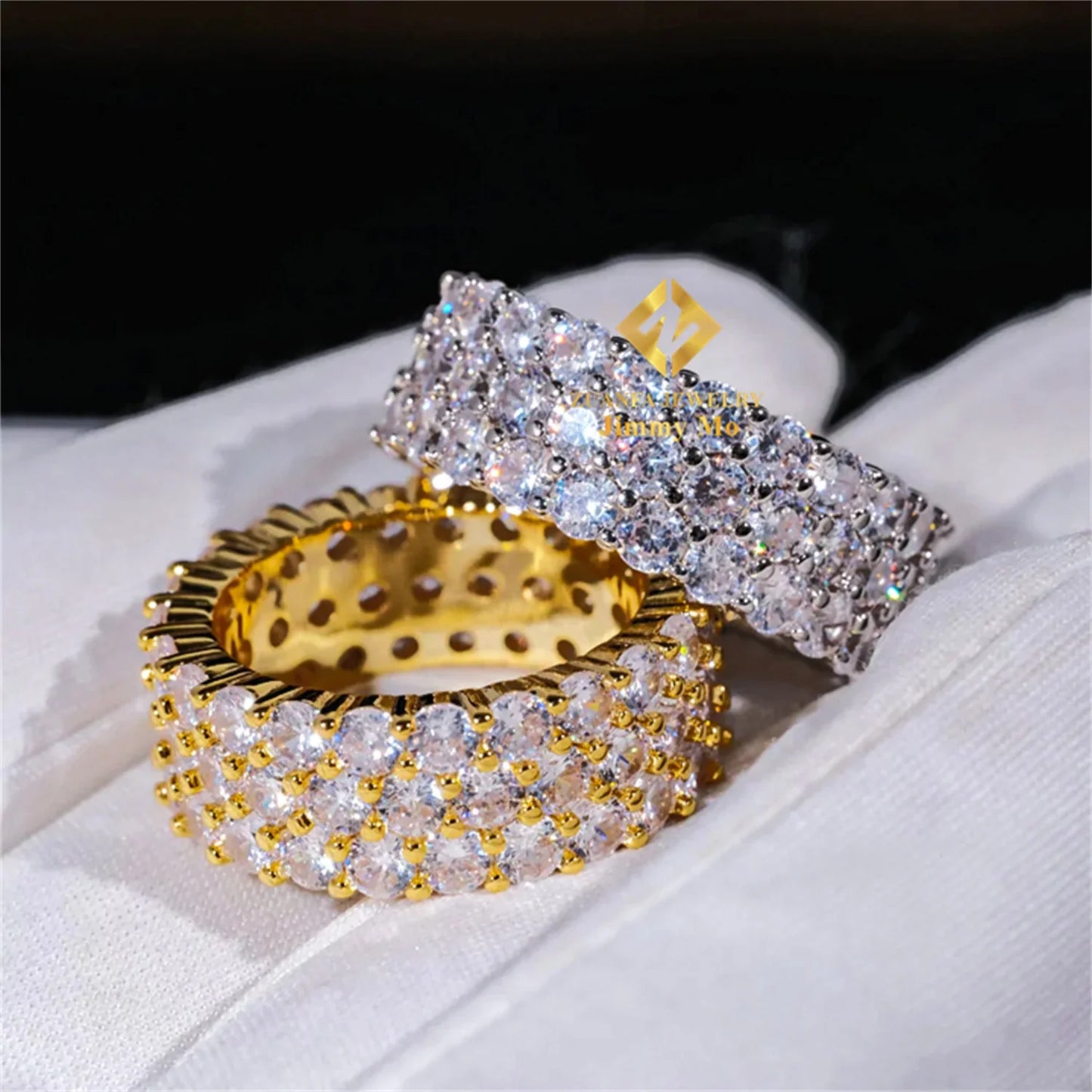 Iced Out 3 Row Band Rings