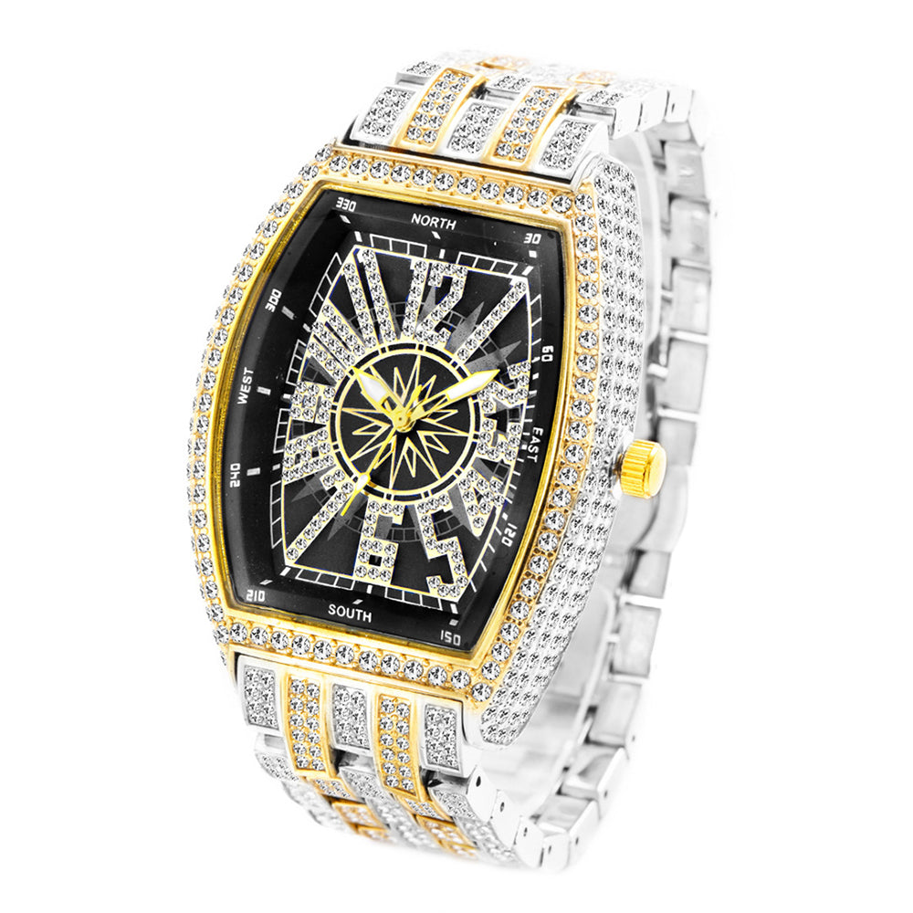 Iced Out Tonneau Case Shape Classic Wrist Watch Full Bling CZ Diamond Quartz Stylish Watch
