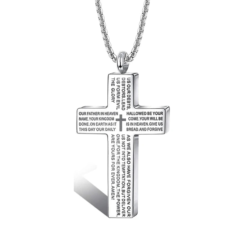 Cross Lords Prayer Pendant Necklace Stainless Steel
