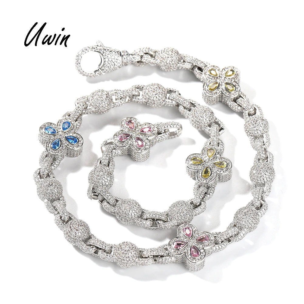 5A Four-Leaf Clover 18K Gold Plated Beaded Link Chain+Bracelet