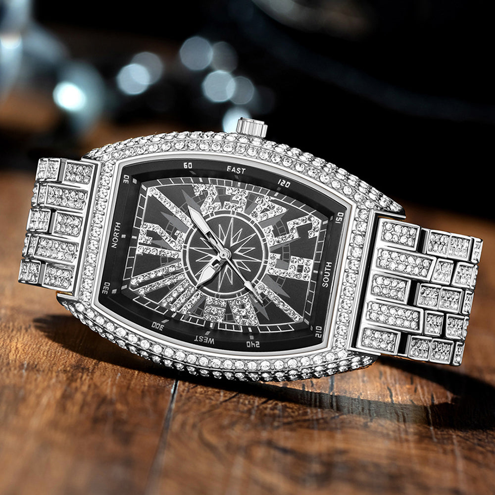 Iced Out Tonneau Case Shape Classic Wrist Watch Full Bling CZ Diamond Quartz Stylish Watch