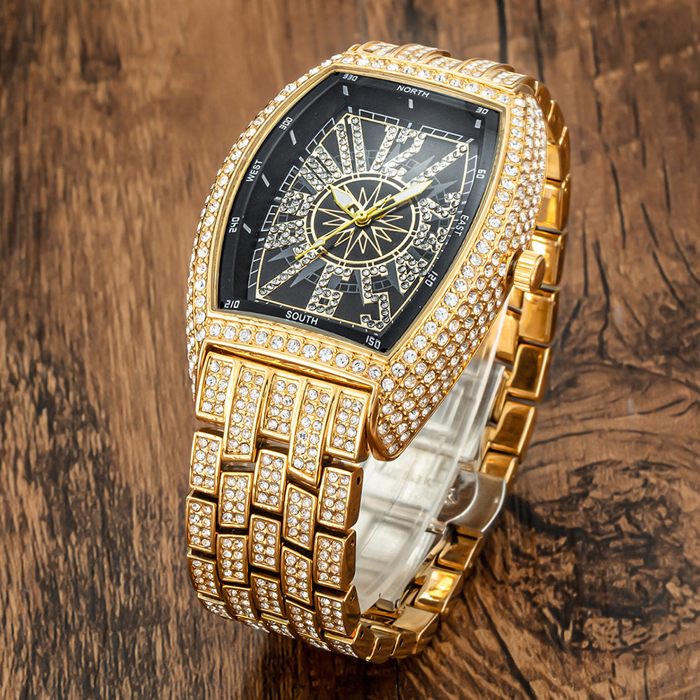 Iced Out Tonneau Case Shape Classic Wrist Watch Full Bling CZ Diamond Quartz Stylish Watch