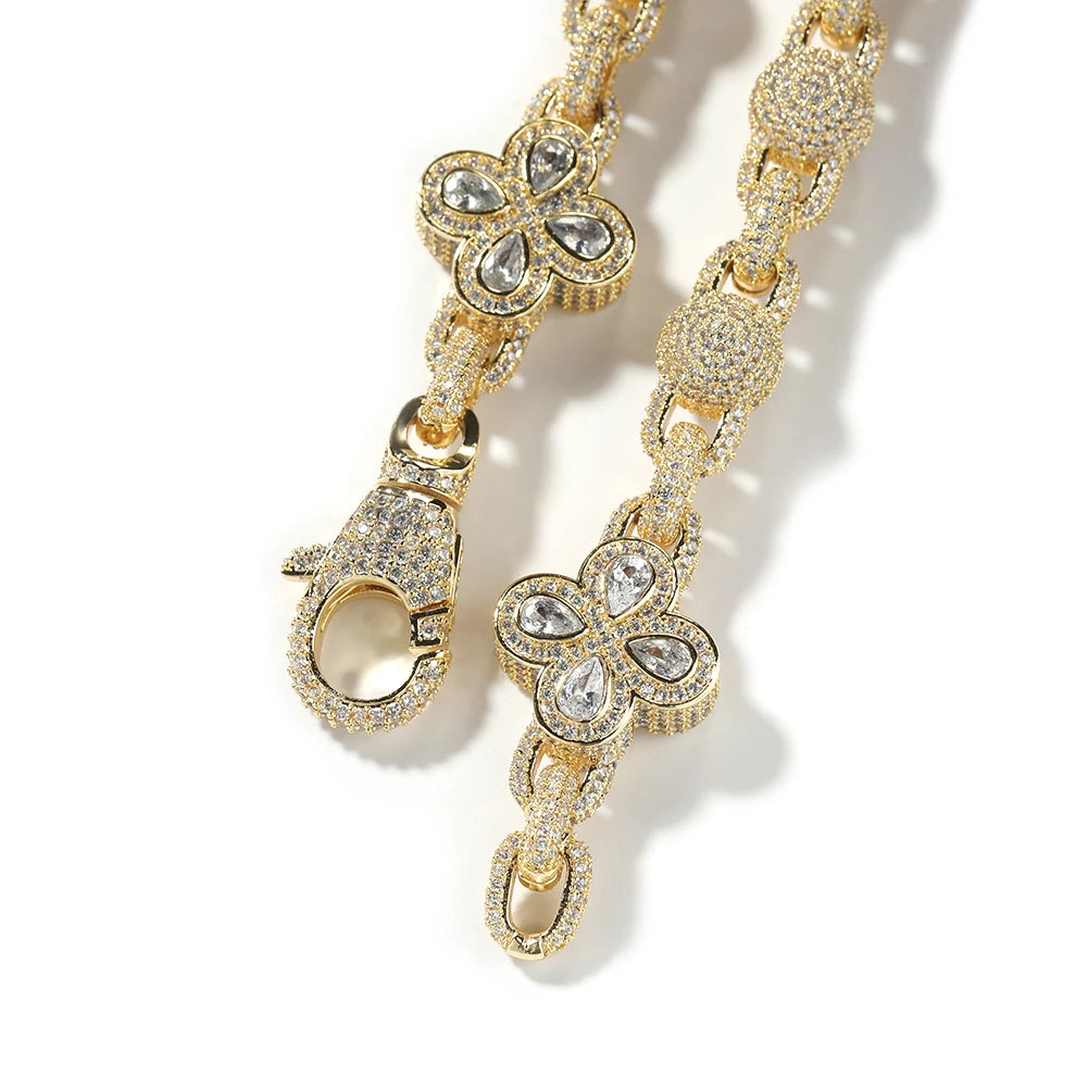 5A Four-Leaf Clover 18K Gold Plated Beaded Link Chain+Bracelet