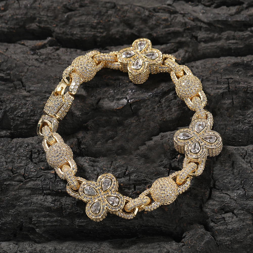 5A Four-Leaf Clover 18K Gold Plated Beaded Link Chain+Bracelet