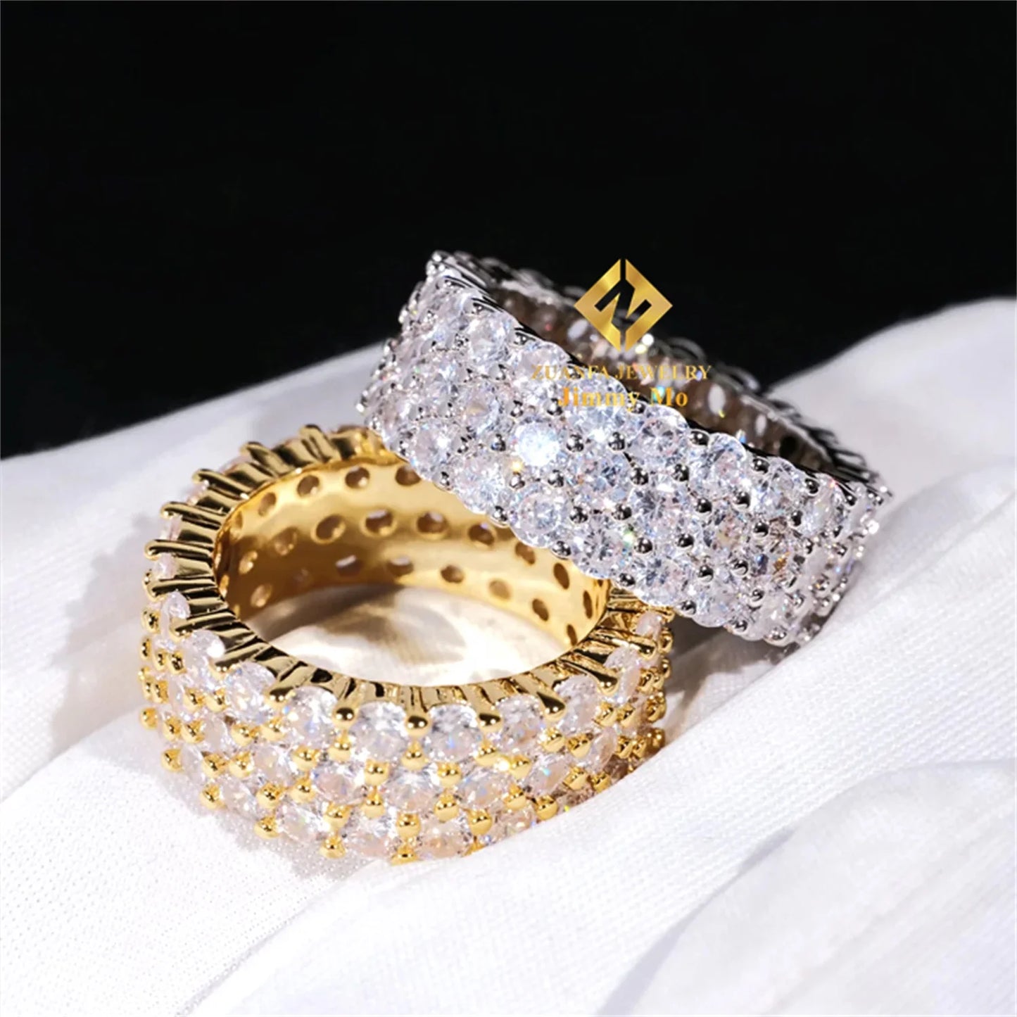 Iced Out 3 Row Band Rings