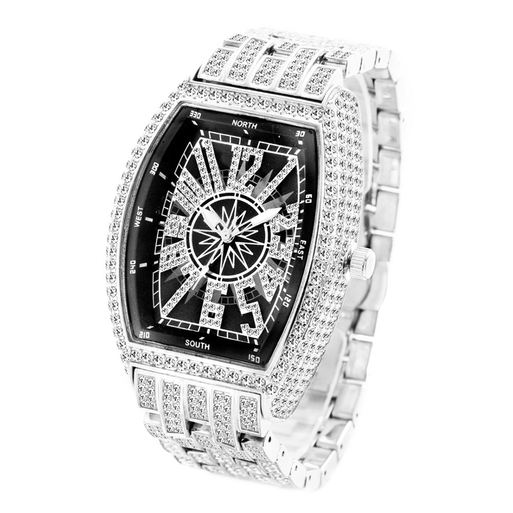 Iced Out Tonneau Case Shape Classic Wrist Watch Full Bling CZ Diamond Quartz Stylish Watch