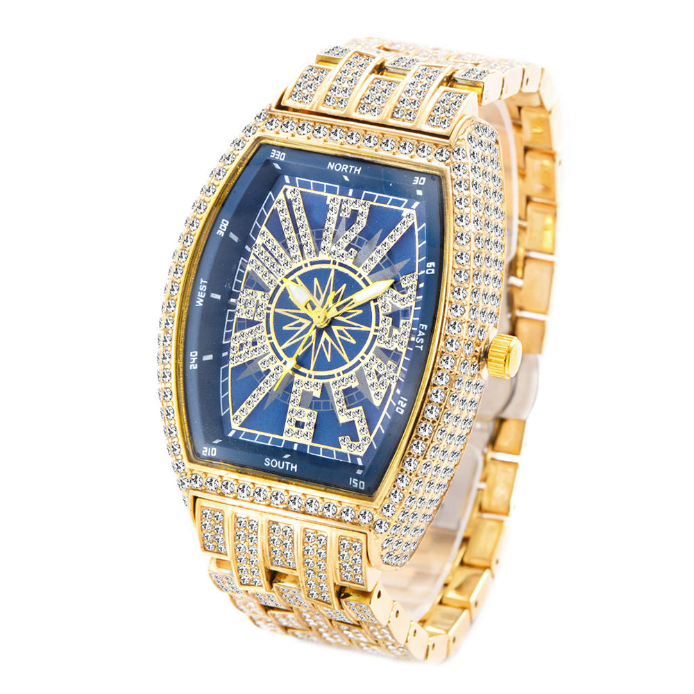 Iced Out Tonneau Case Shape Classic Wrist Watch Full Bling CZ Diamond Quartz Stylish Watch