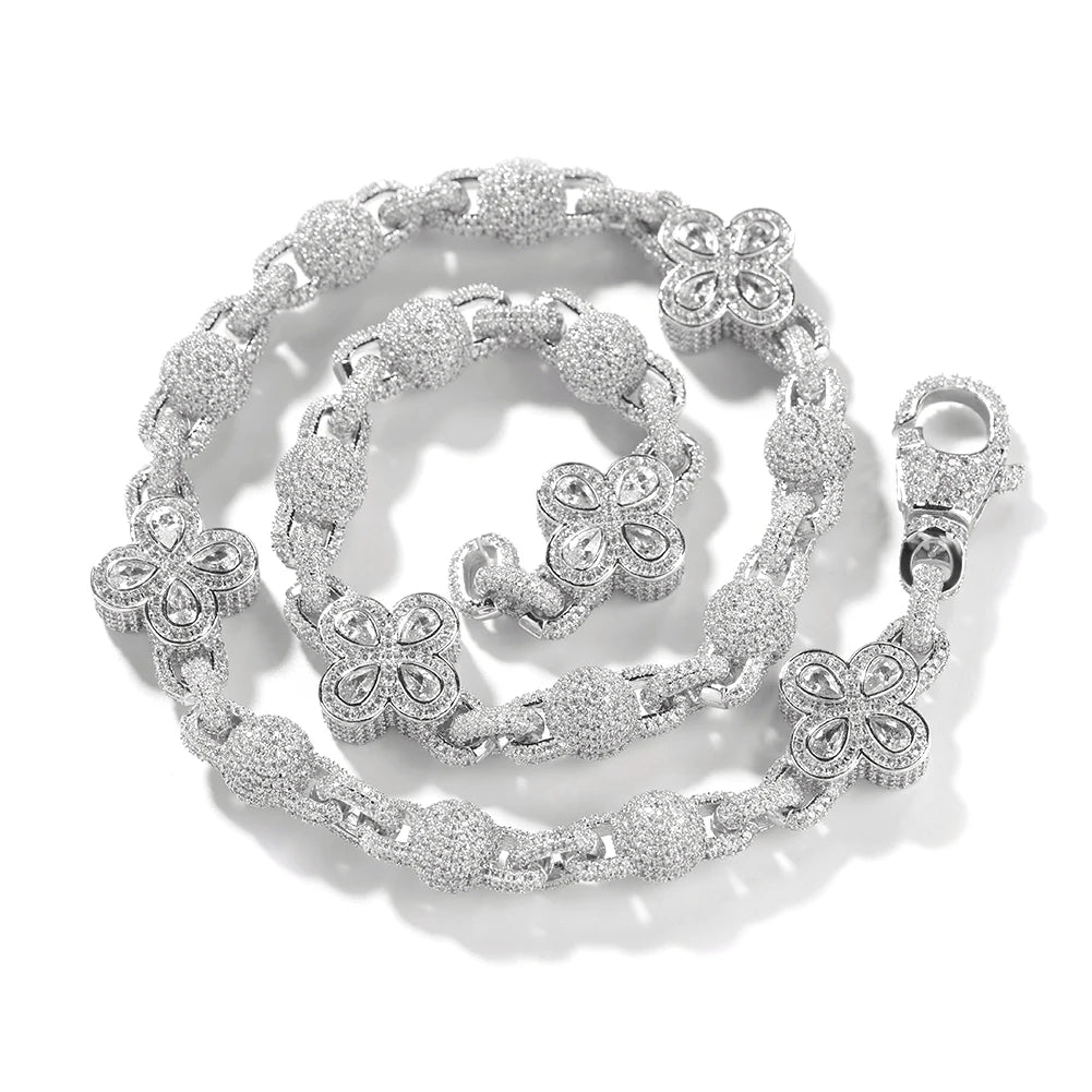 5A Four-Leaf Clover 18K Gold Plated Beaded Link Chain+Bracelet