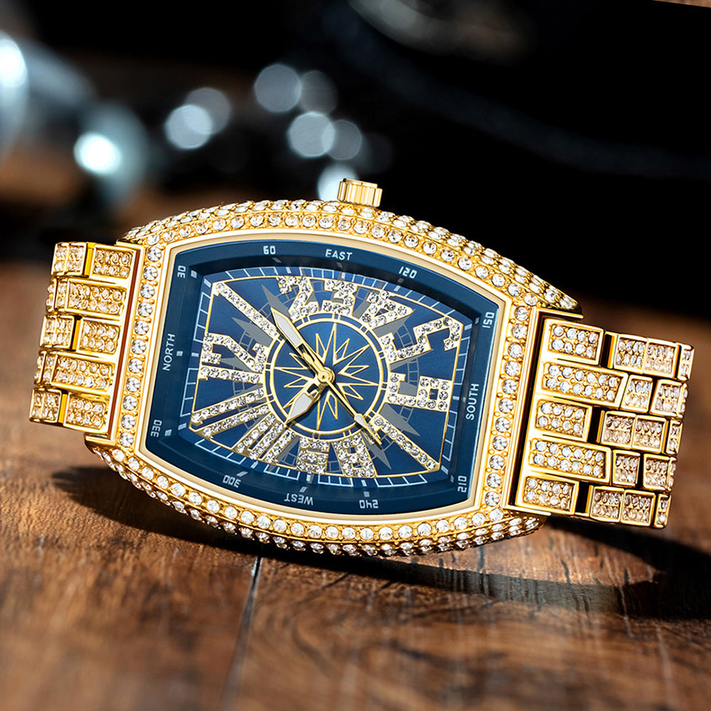 Iced Out Tonneau Case Shape Classic Wrist Watch Full Bling CZ Diamond Quartz Stylish Watch