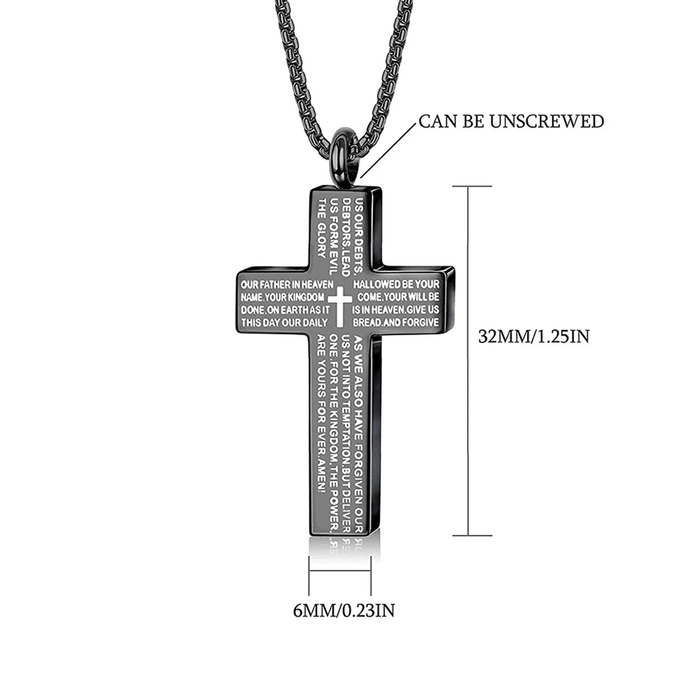 Cross Lords Prayer Pendant Necklace Stainless Steel