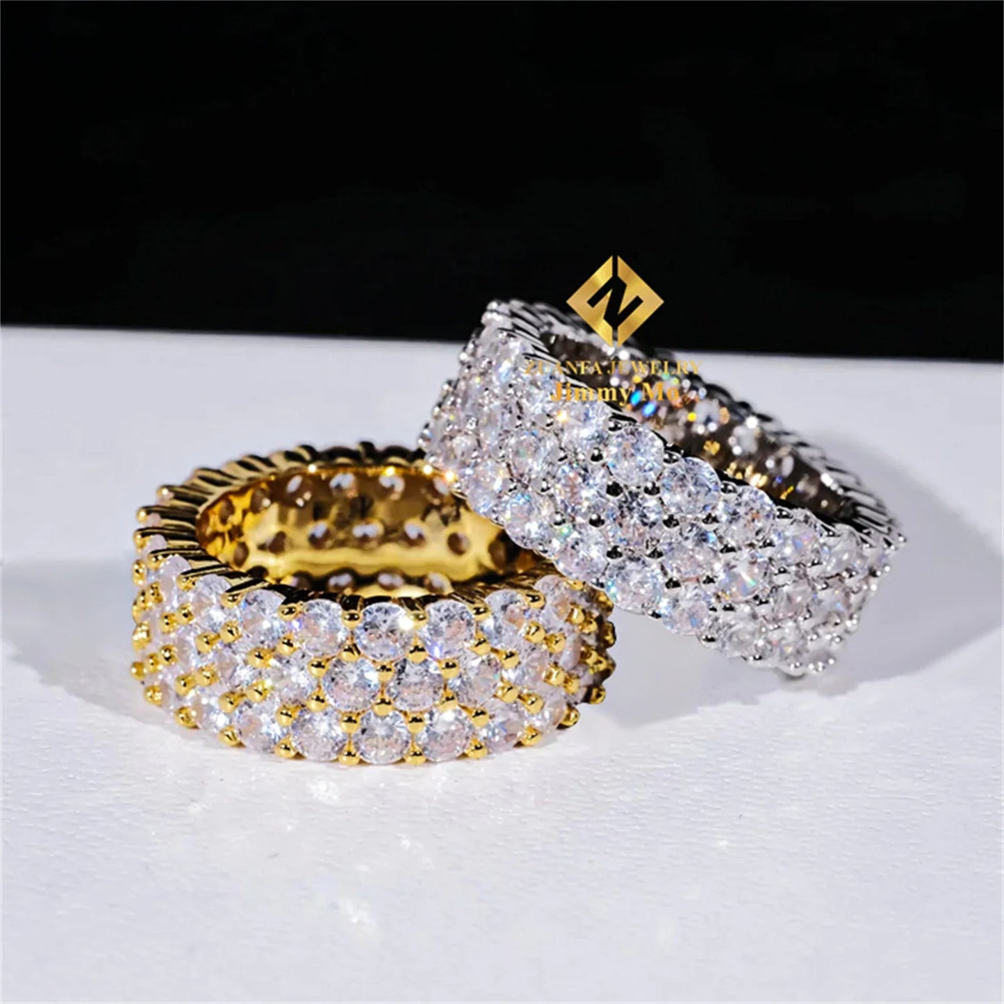 Iced Out 3 Row Band Rings