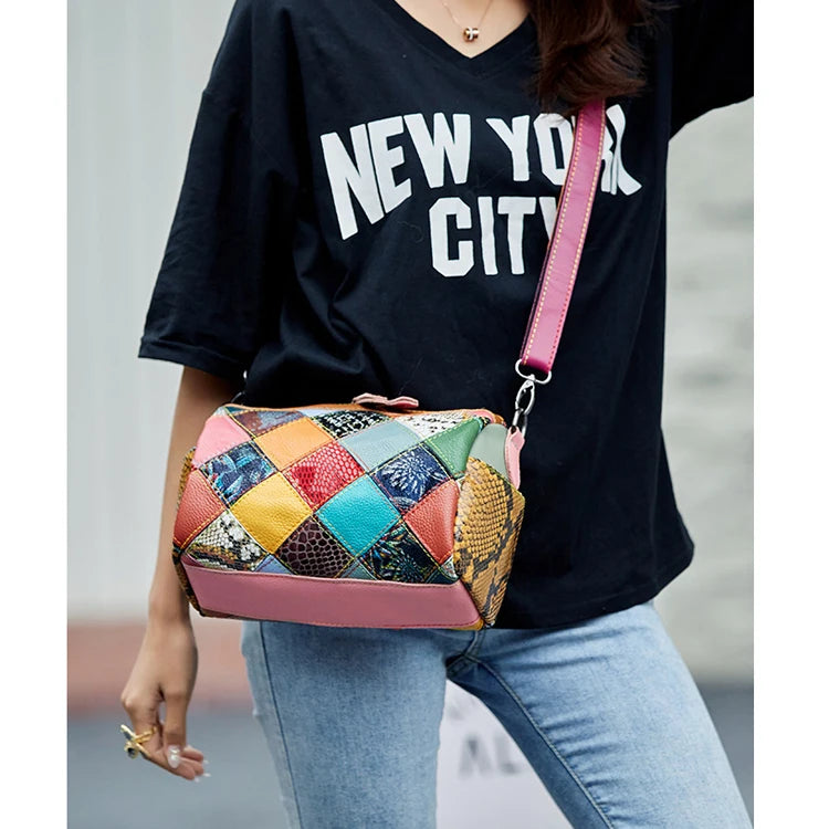 Trendy Genuine Leather Contrast Color Messenger Boston Bag Women Retro Shoulder Pillow Bag New Ladies Handbags