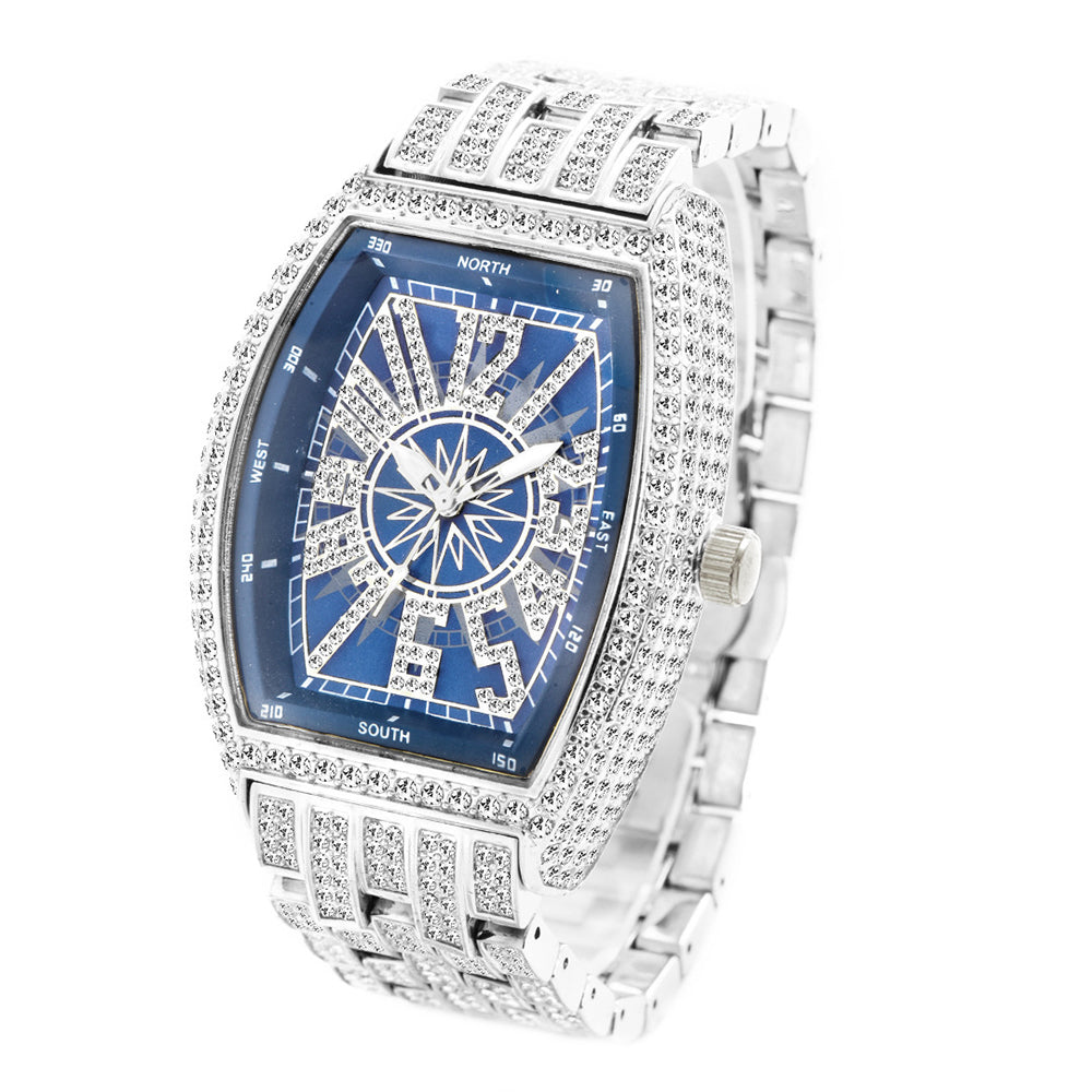 Iced Out Tonneau Case Shape Classic Wrist Watch Full Bling CZ Diamond Quartz Stylish Watch
