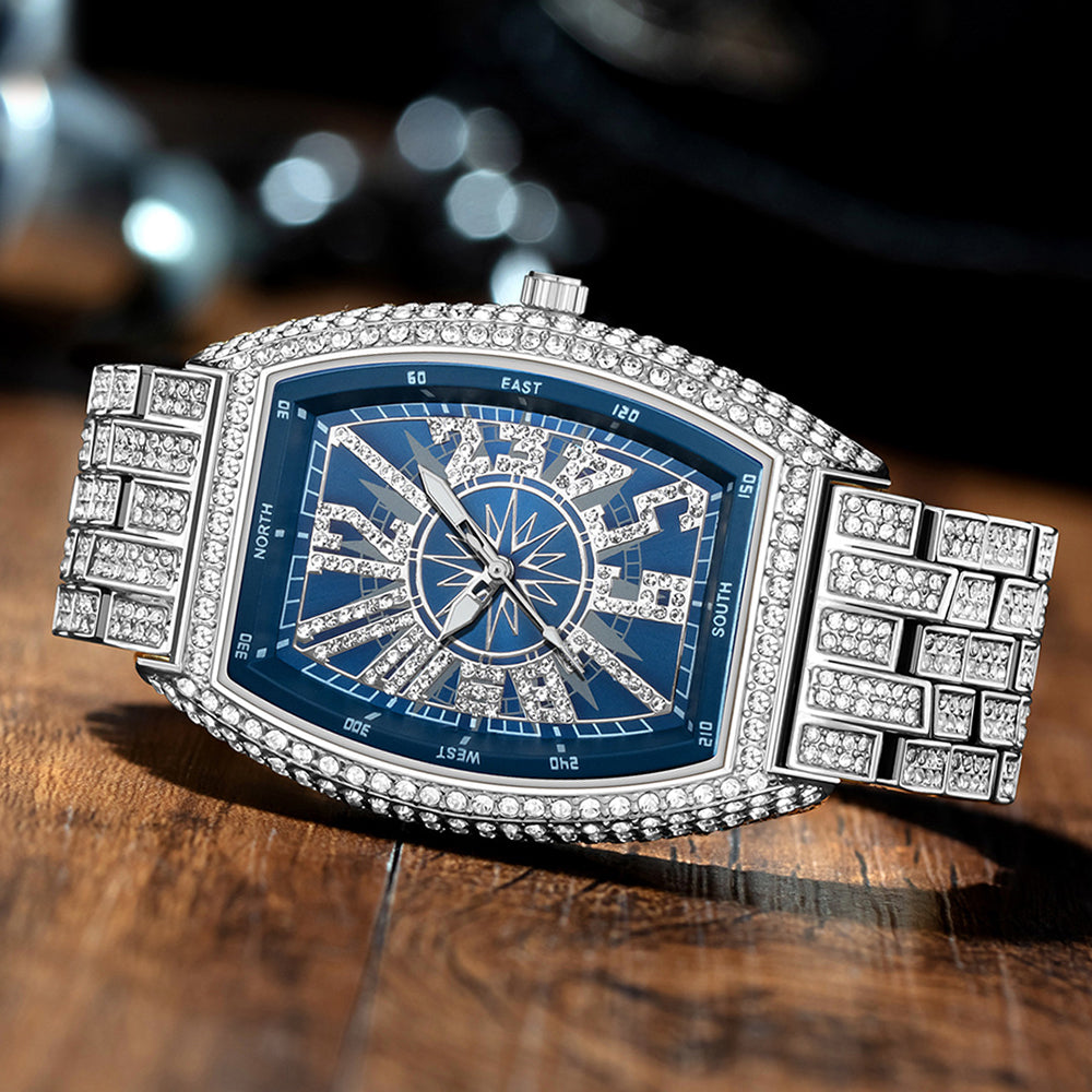 Iced Out Tonneau Case Shape Classic Wrist Watch Full Bling CZ Diamond Quartz Stylish Watch