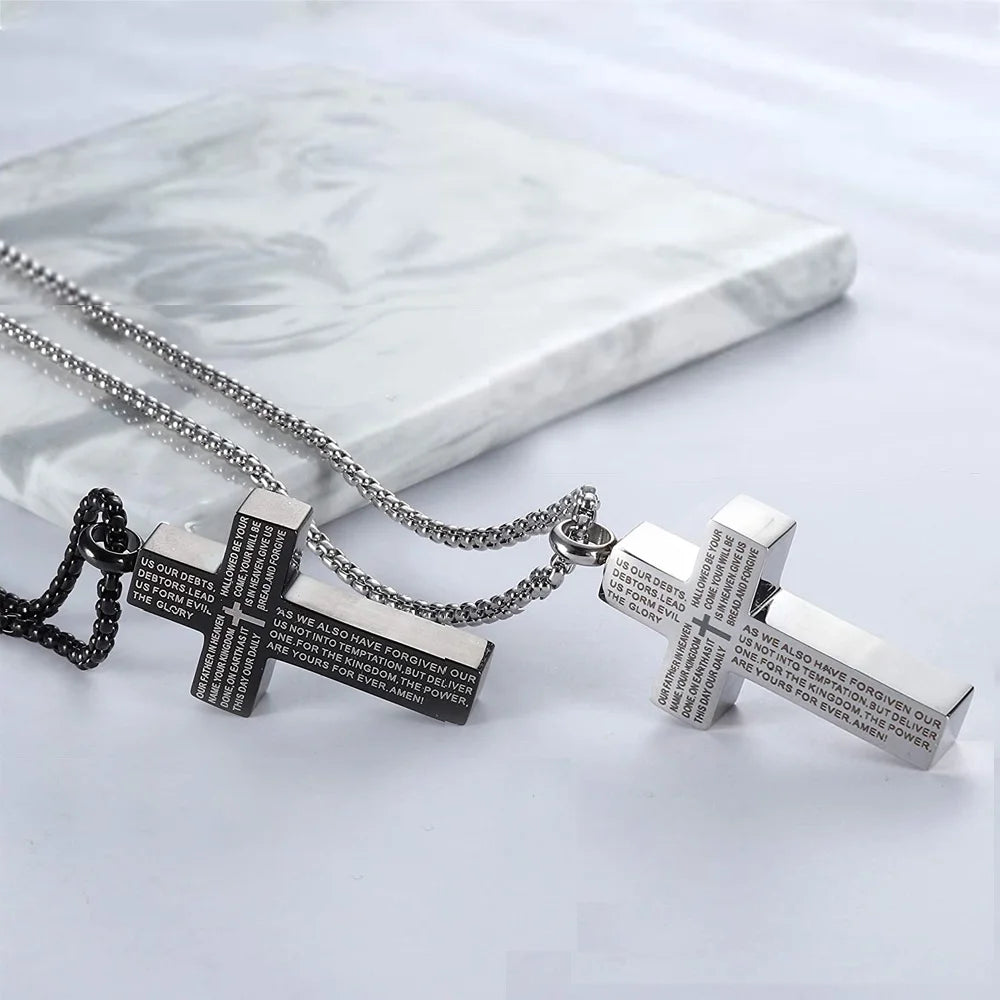 Cross Lords Prayer Pendant Necklace Stainless Steel