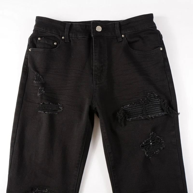 Ripped Patchwork Stretch Denim Jeans