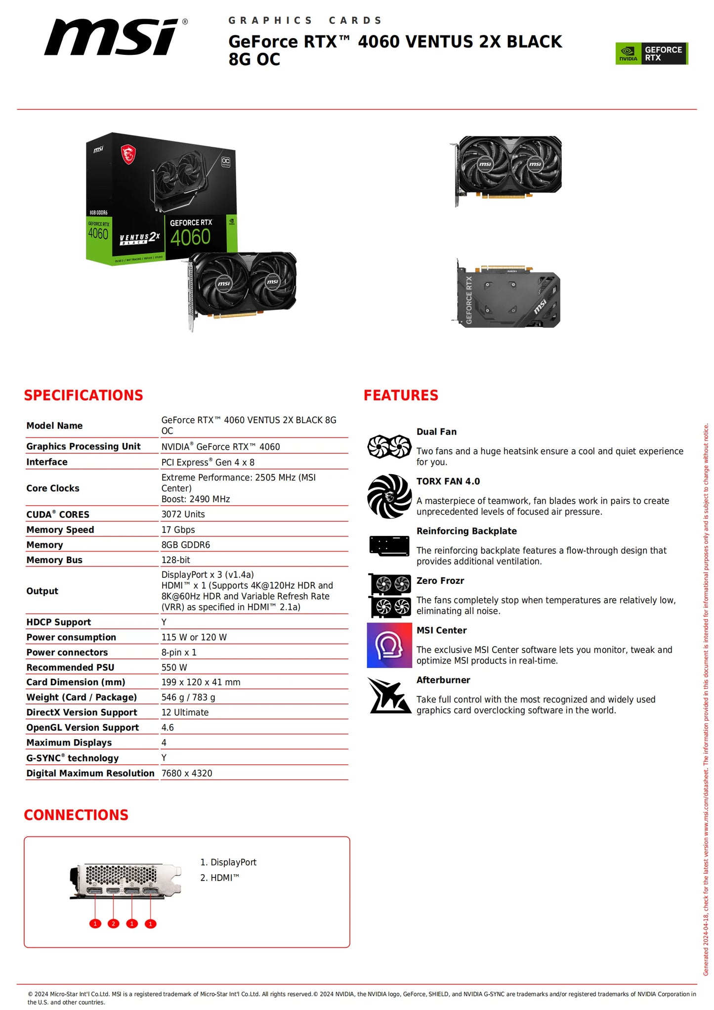 Original Msi GeForce RTX 4060 Computer Graphics Card
