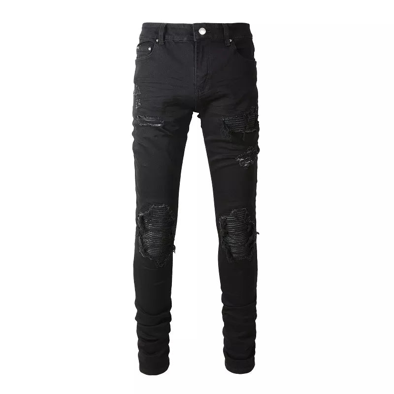 Ripped Patchwork Stretch Denim Jeans