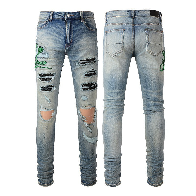 Twin Snakes Ripped Skinny Fit Blue Jeans