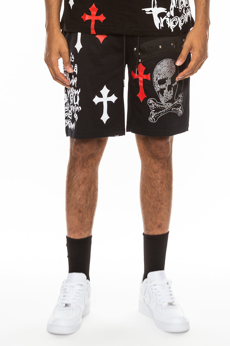 Bejewelled Cross & Skull Shorts