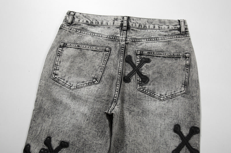 Cross Bone Patch Washed Wide-Fit Flared Jeans
