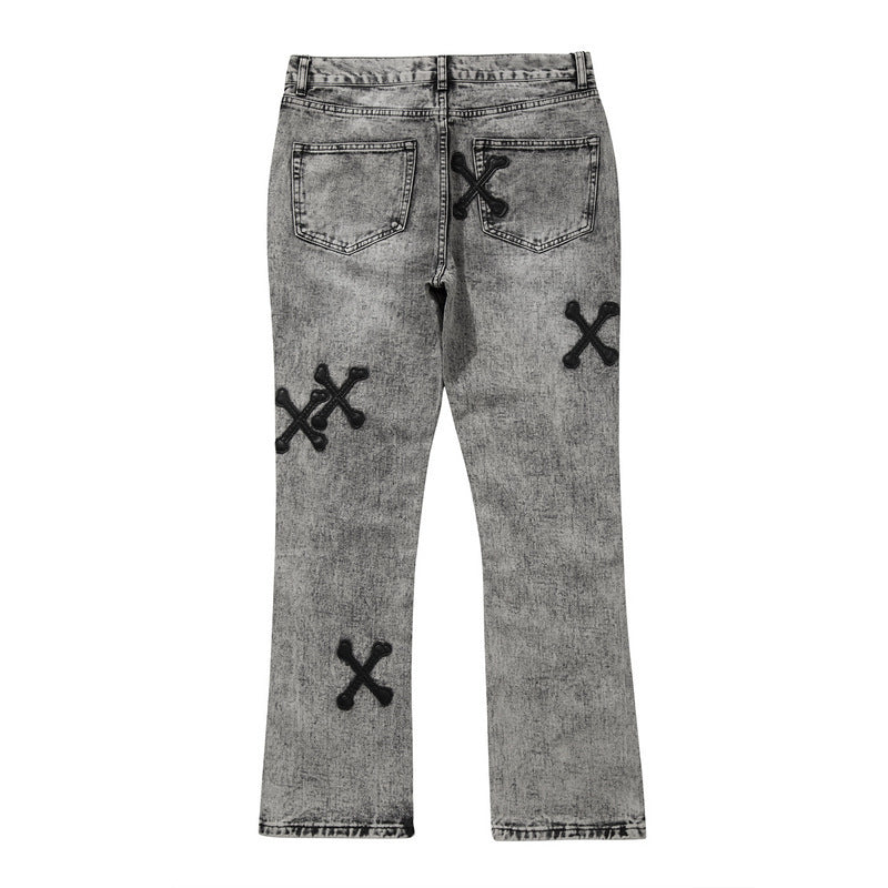 Cross Bone Patch Washed Wide-Fit Flared Jeans